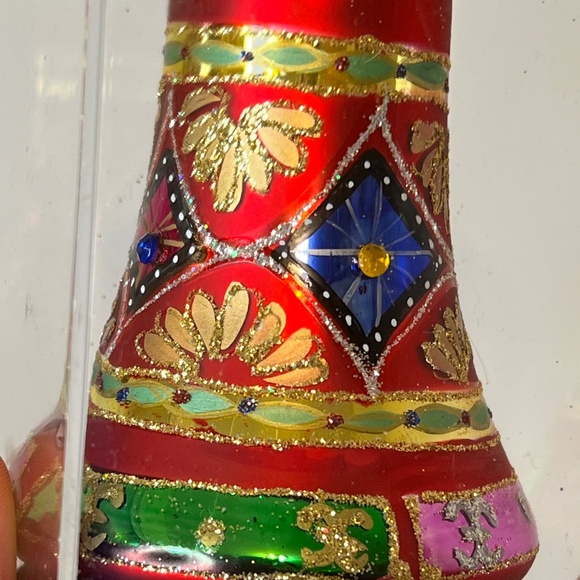 Glass CHRISTMAS ORNAMENT Red Bell Hand Decorated Ornate Large 4”Danson - Picture 6 of 9
